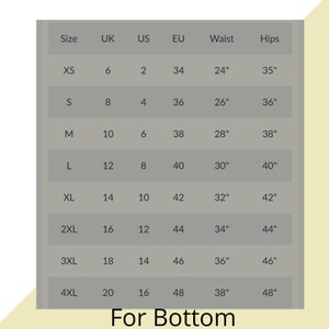May include: Size chart for bottoms with measurements in inches for waist and hips. Sizes range from XS to 4XL with corresponding UK, US, and EU sizes.