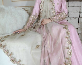 Soft Pink Anarkali Gown: Zardozi Embroidered Party Wedding Suit