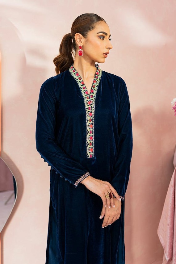Blue Velvet Embroidery Work Pakistani Suit With Contrast Dupatta