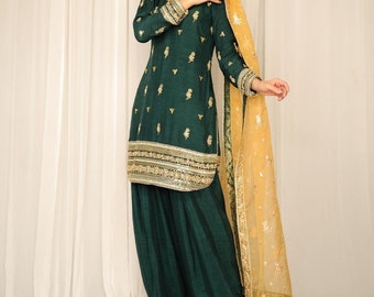 Embellished Raw Silk Salwar Kameez: Green Pakistani Mayon Suit