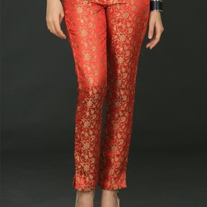 Brocade straight pant | banarasi  formal trousers | boho party wear bottoms | custom fit elastic waist belt | Small to 3XL size | plus size