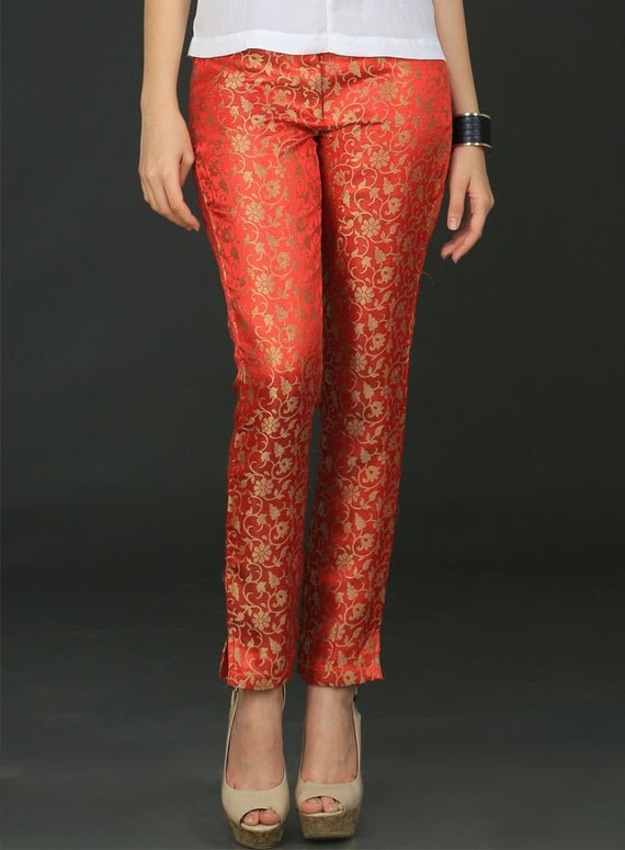 VOYAGE DENIM JEANS WITH CHINESE SILK SATIN BROCADE INSETS