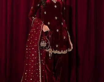 Red Embroidered Velvet A-line Kurti with Salwar: 3-Piece Dress with Embellished net dupatta