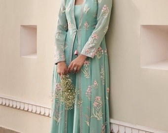 Ethnic Jackets For Lehenga Floral Embroidered Long Jacket Dress Set: Elegant Party Wear Ethnic Jackets For Lehenga Floral Embroidered Long Jacket Dress Set: Elegant Party Wear