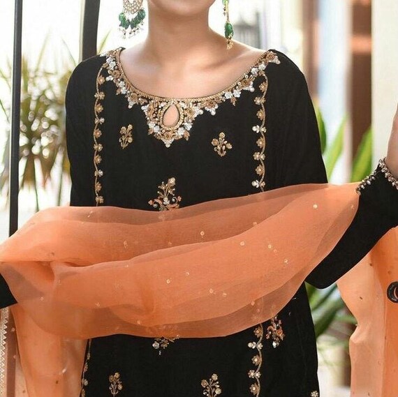 black dress with orange dupatta Black & orange cotton jam silk women's salwar suit with banarasi dupatta