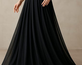 Black Georgette Floor Length Skirt: Plus Size Bridesmaid Dress, custom fit.