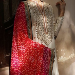 Silk long straight zari and sequins work kameez,elegant indian dress for curve women