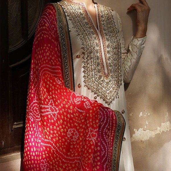 Silk long straight zari and sequins work kameez,elegant indian dress for curve women