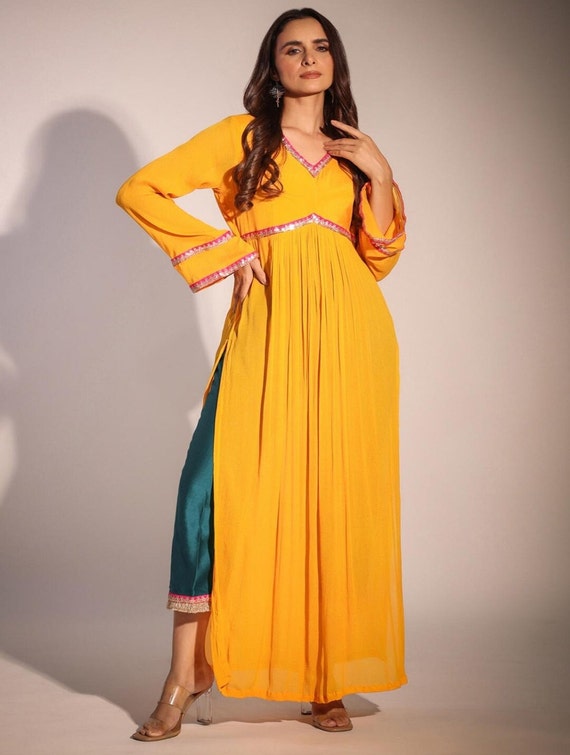 Mango Yellow Crepe Silk Tunic: Alia Cut Lace Anarkali Suit Mango Yellow Crepe Silk Tunic: Alia Cut Lace Anarkali Suit
