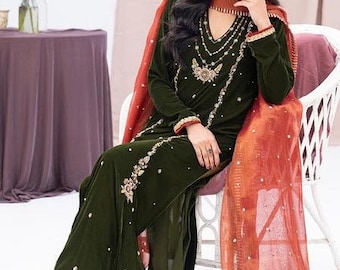 Green Velvet Salwar Kameez: Hand Embroidered Indian Suit