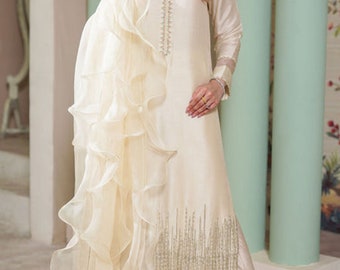 Hand Embroidered Upada Silk Kurta Set: Pearl & Bead Detail, Organza Dupatta