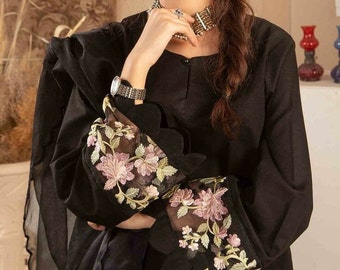Black Silk Pakistani Suit: Floral Embroidered Kurti Pant Set