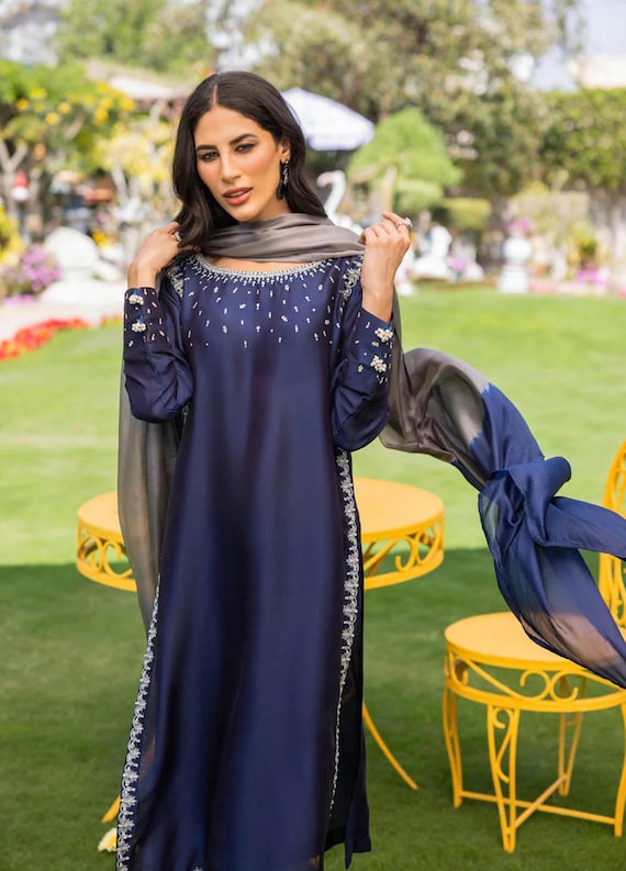 long dress salwar kameez Dark Green Silk Salwar Suit With Contrast Dupatta