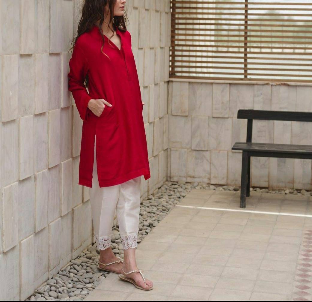 Straight kurti with White cigarette pant, pakistani pant, red silk kameez