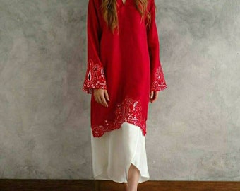 Red straight kurta with cutwork, flair tulip pant