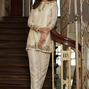 Silk top with straight pant, pant suit for women, floral embroidered shirt top, formal shirt, party wear embroidered suit for plus size