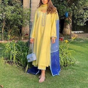 Yellow salwar kameez, yellow embroidered long kameez, Kurti pant suit, Pakistani dress, Indian salwar suit, Indian wear, Multi color dupatta
