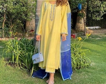 Yellow Embroidered Salwar Kameez: Indian Pakistani Kurti Pant Suit