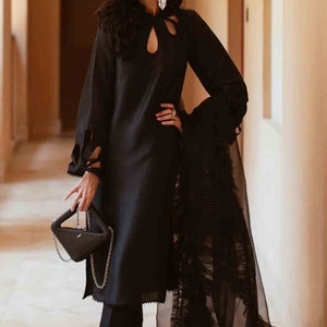 Black Raw Silk Kurta Pant Suit: Ruffle Dupatta, Elegant Salwar Kameez
