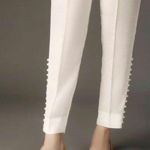 White Silk Cigarette Pants, Pearl Beaded Pakistani Trousers