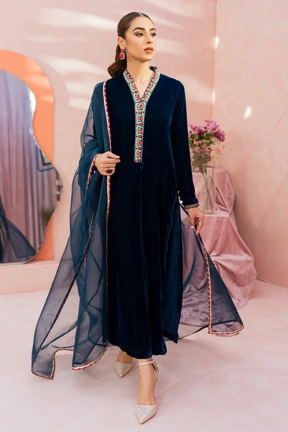 Teal Blue Velvet Dress,embroidered Velvet Suit,velvet Salwar Suit, Winter  Velvet Indian Wear, Plus Size Velvet Salwar Suit 