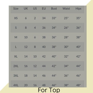 May include: Size chart for tops with measurements in inches for bust, waist, and hips. Sizes include XS, S, M, L, XL, 2XL, 3XL, and 4XL. Corresponding UK, US, and EU sizes are also listed.