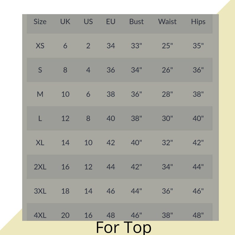 May include: Size chart for tops with measurements in inches for bust, waist, and hips. Sizes include XS, S, M, L, XL, 2XL, 3XL, and 4XL. Corresponding UK, US, and EU sizes are also listed.