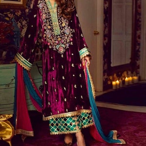 Velvet salwar kameez for women, embellished long velvet kurti Palazzo set, kurti with dupatta suit, plus size velvet women dress