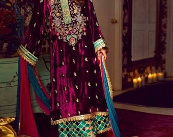 Embellished plum Velvet Salwar Kameez: Long Kurti Palazzo Set