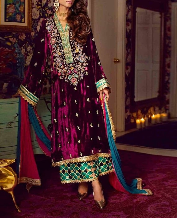 Velvet Salwar Kameez for Women, Embellished Long Velvet Kurti