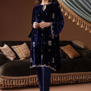 Navy blue velvet kurti pant suit, silk straight pant, winter velvet salwar kameez,plus size salwar suit,hand embroidered velvet dress