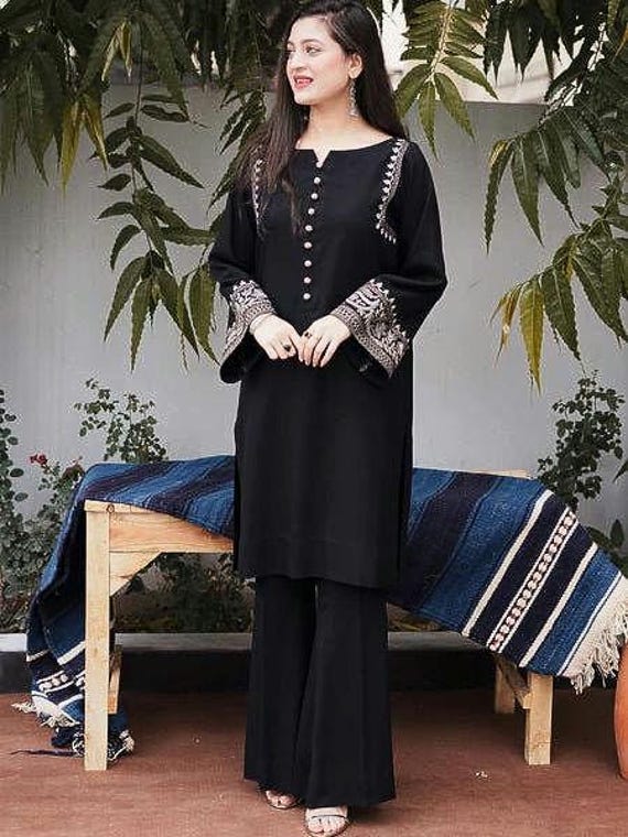 Embroidered Black Silk Kurti Palazzo Suit: Indian Salwar Kameez