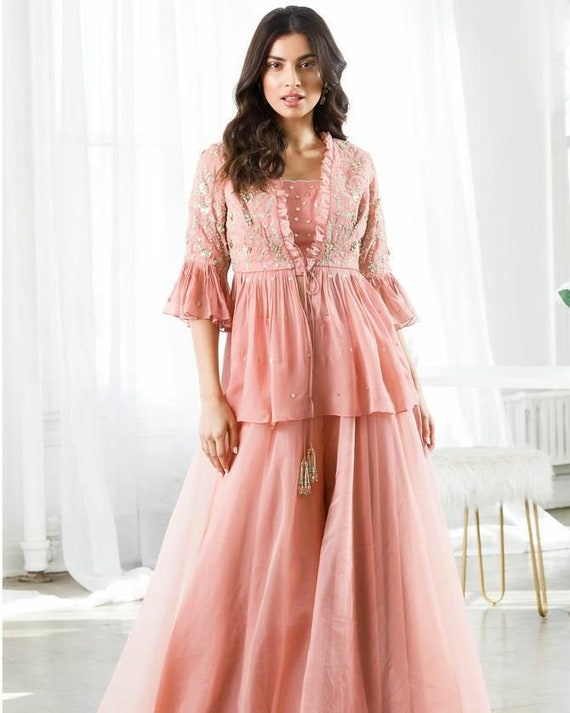 Buy Net Fancy Peach Designer Gown Online : UAE -