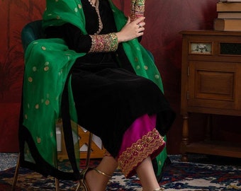 Black Velvet Kurti Palazzo Suit: Hand embroidered Pakistani designer wear in custom sizing