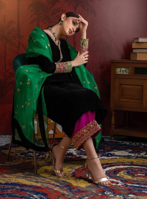 Hand Embroidered Black Velvet Kurti Palazzo Suit Indian Formal Wedding Wear Pakistani Salwar Kameez Plus Size Palazzo Dress Etsy UK