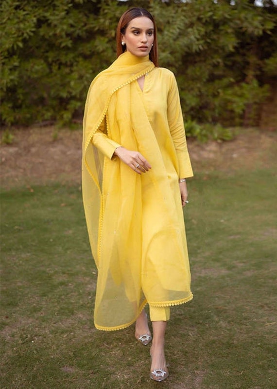 Yellow Naira Cut Embroidery Work Indian Handmade Women Kurti Pant Dupatta  Dress | eBay