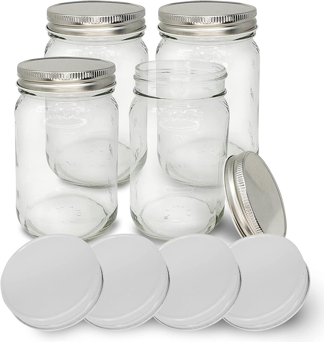 16 Oz Clear Glass Mason Jars With Silver Metal Lids - Set of 4 - Etsy