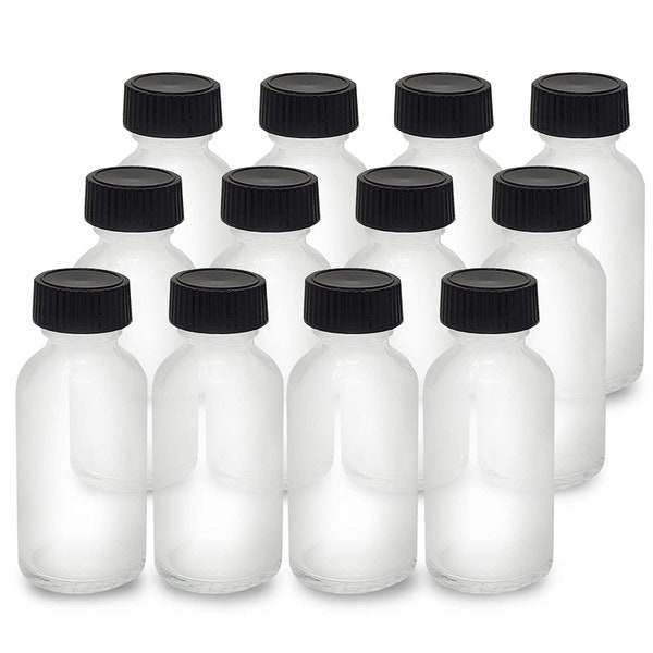 Glass Bottles -With no Leaking Caps - reusable- Size 1 Oz (12 Pack) clear