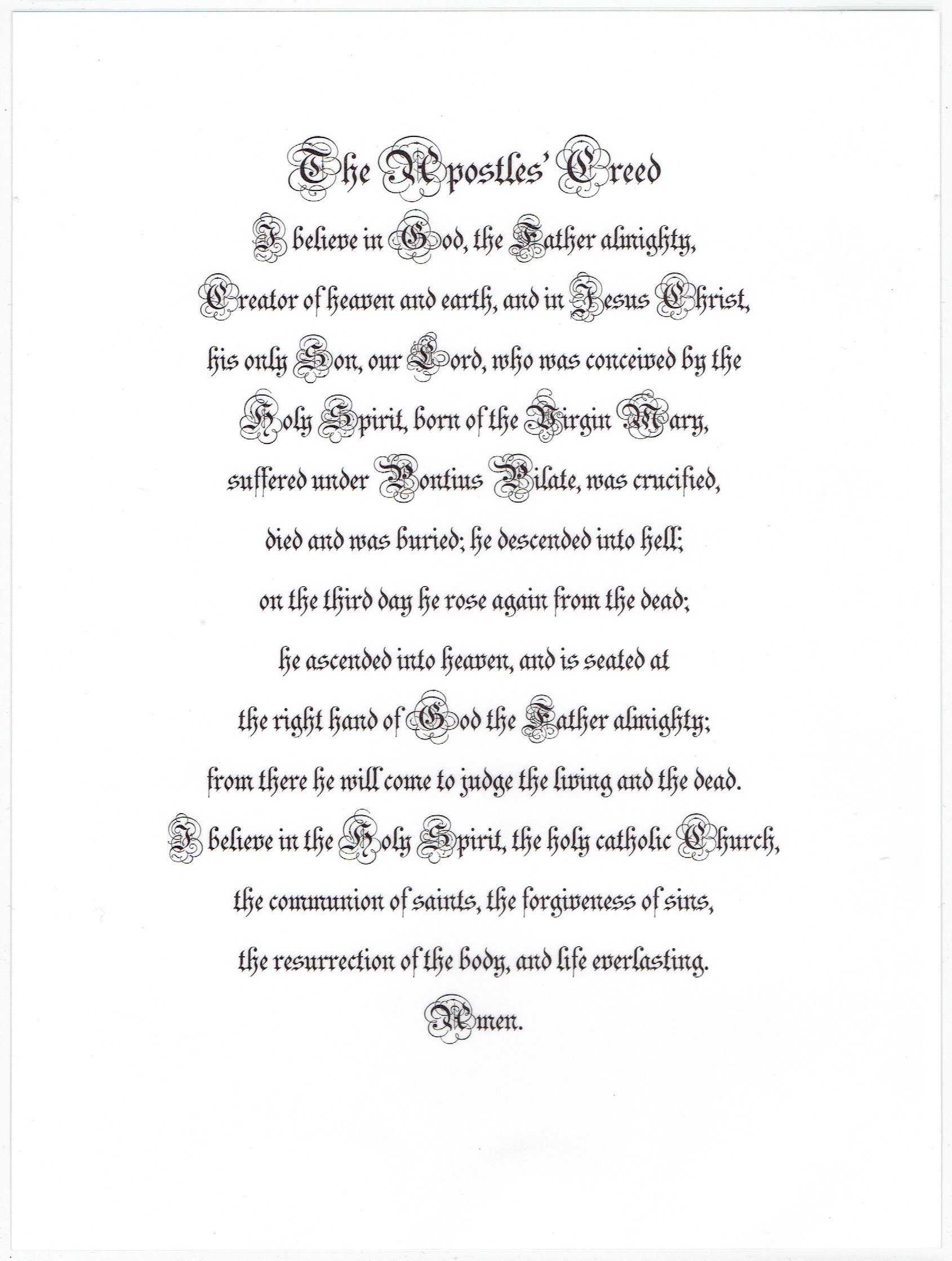 The Apostles' Creed catholic on Plain Paper parchment Font 8.5 X 11 ...