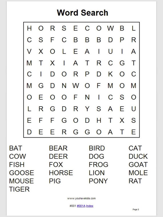 100 printable grade 1 animals word searches with answers etsy