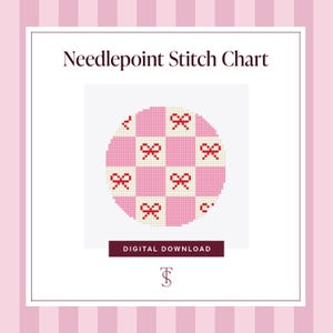 May include: A digital download of a needlepoint stitch chart. The chart features a pink and white checkered pattern with red bows. The text "Needlepoint Stitch Chart" is at the top, and "Digital Download" is at the bottom.