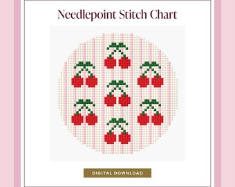 Cherry Needlepoint Digital Chart | Easy Beginner Pattern | Round Ornament | Handmade Valentine's Gift | PDF Download