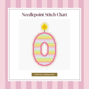 May include: A needlepoint stitch chart featuring a pixelated graphic of the number zero shaped like a birthday candle. The candle has horizontal stripes in pink, yellow, and light green with a yellow flame on top. The text reads Needlepoint Stitch Chart and DIGITAL DOWNLOAD.