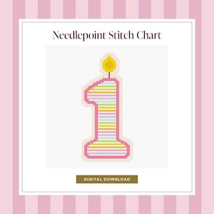 May include: A needlepoint stitch chart featuring a colorful number one candle design. The candle is pink, yellow, and blue with a yellow flame. The words "Needlepoint Stitch Chart" and "Digital Download" are also visible.