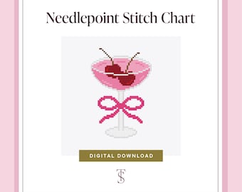 Pink Bow Cocktail - Digital Needlepoint Chart - Cross Stitch Pattern - PDF Download