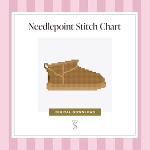 May include: A digital needlepoint stitch chart featuring a pixelated illustration of a brown boot. The text "Needlepoint Stitch Chart" is at the top, with "DIGITAL DOWNLOAD" below the boot. The background is white, framed by a pink striped border.