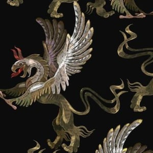 Griffin, Mythological Flying Dragon on Black, 100% Cotton Fabric. By the Half Yard, 18&quot; long x 43&quot; wide.