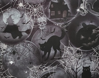 Wicked Spooky Scenes. Cotton Fabric. Halloween Scenes in Black and Gray Bubbles and Webs. By the Half Yard, 18" x 43" wide.
