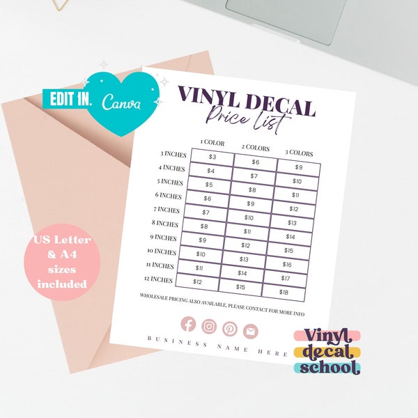 Editable Vinyl Pricing List // Easy To Read Vinyl Decal Pricing Chart, Perfect For Craft Businesses