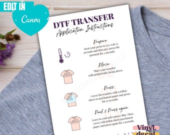 DTF Transfer Instruction Card with Illustrations // Ready To Press DTF Instructions Sheet // Edit on Canva, Instructions inc.